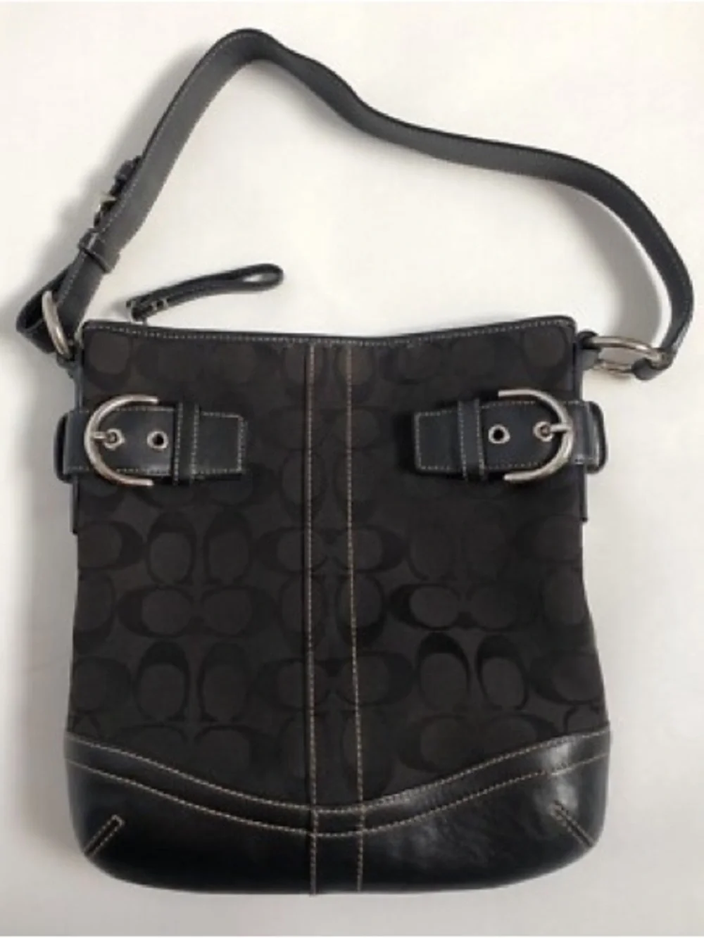 Coach‎ Black Signature Canvas Shoulder Hobo with Buckle Accents